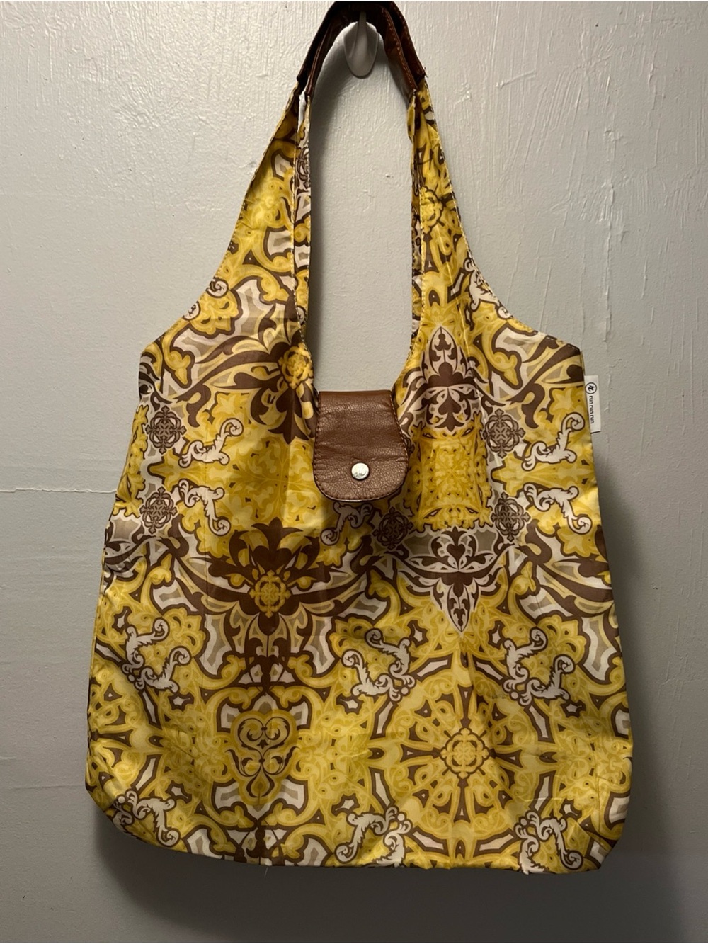 Run run run market bag Yellow Patterned Tote Bag with Brown Trim